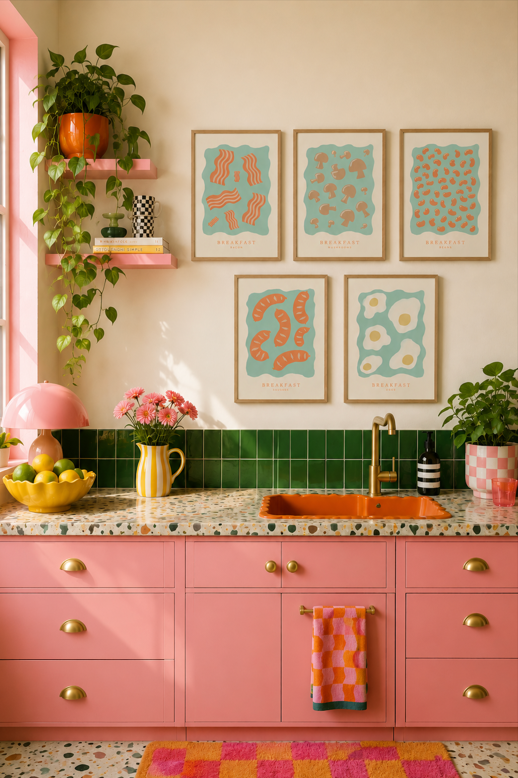 A styled kitchen interior with pink cabinets, a green tiled backsplash, a speckled countertop, framed abstract wall art, plants, and decorative objects. No person or animal is present, and the scene appears to be an interior design/lifestyle setup rather than a clean isolated product shot.