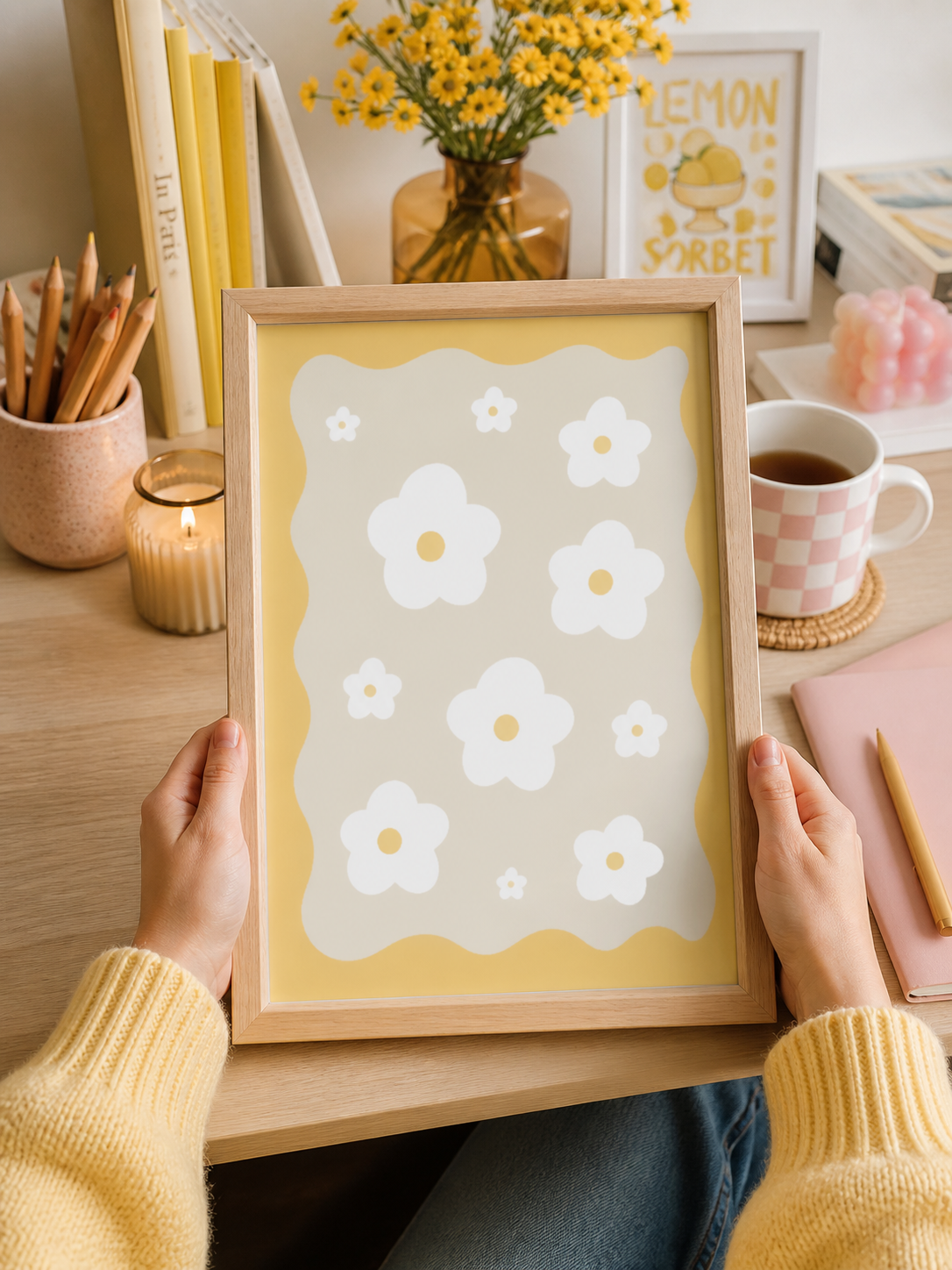 Minimalist Daisy Flower Wall Art Print – Soft Yellow Aesthetic Poster for Cozy Home Decor