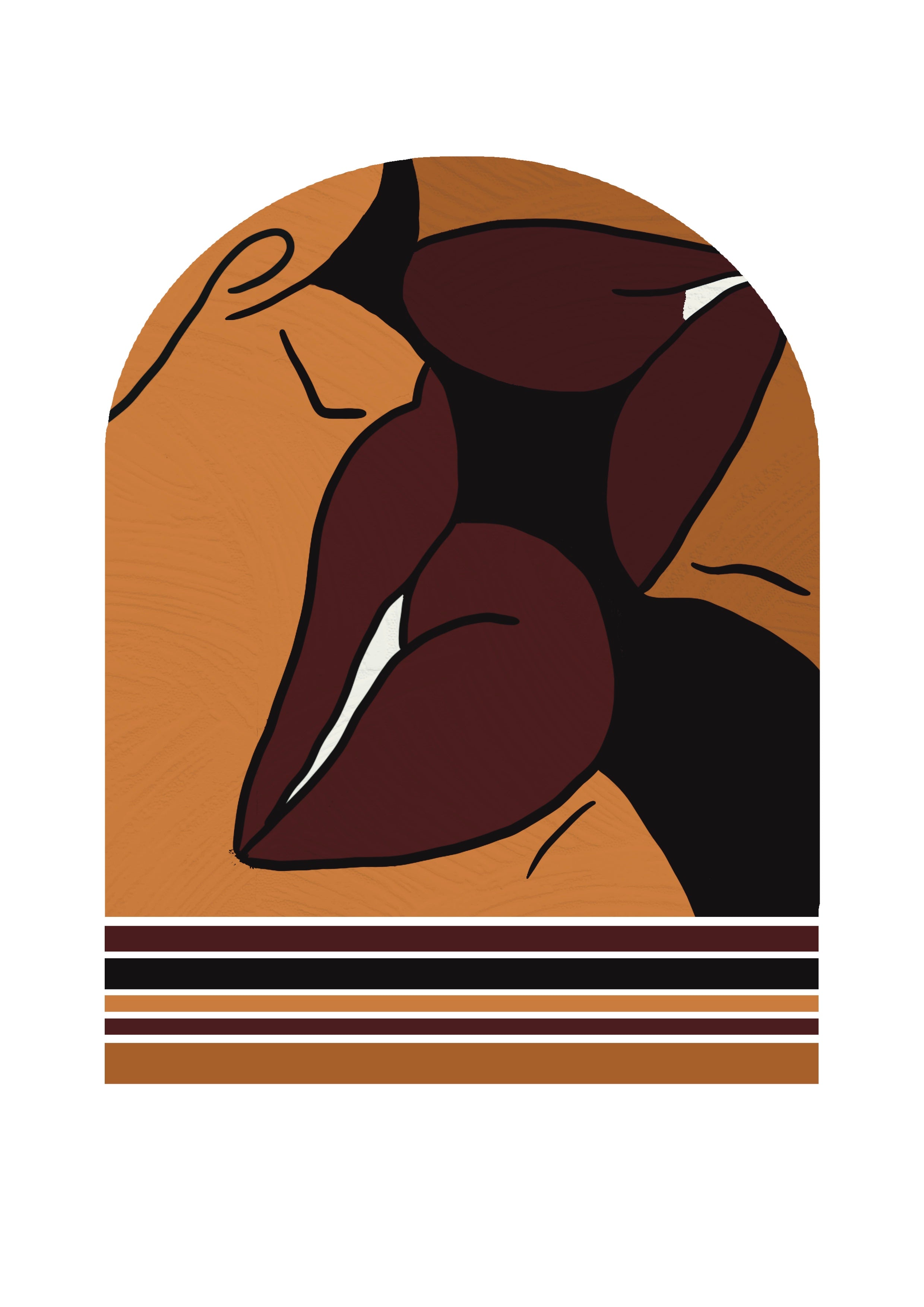 Abstract kiss art print in warm terracotta and burgundy tones by Flossy