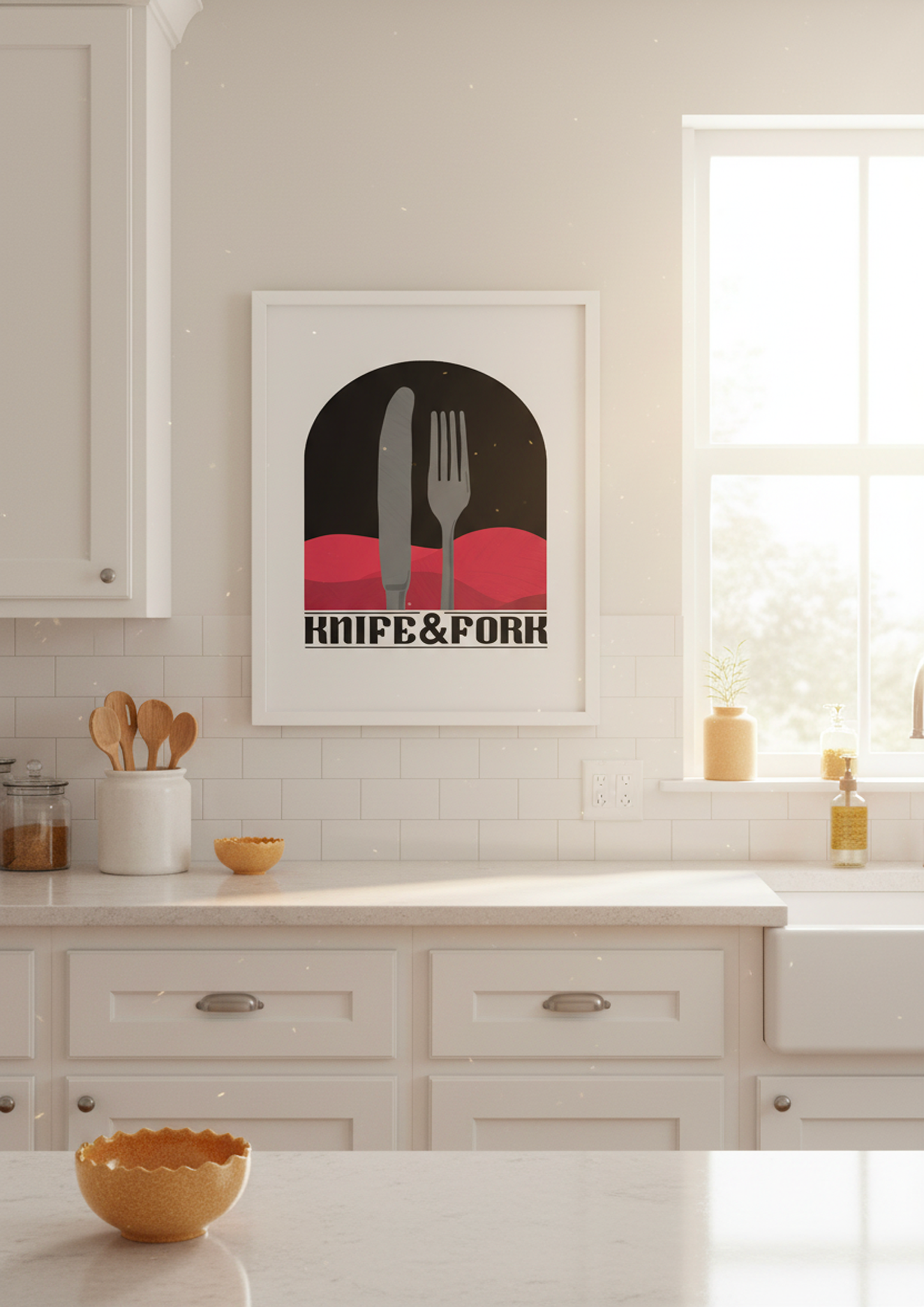 Knife and fork graphic art print in an arch design with bold red and black tones