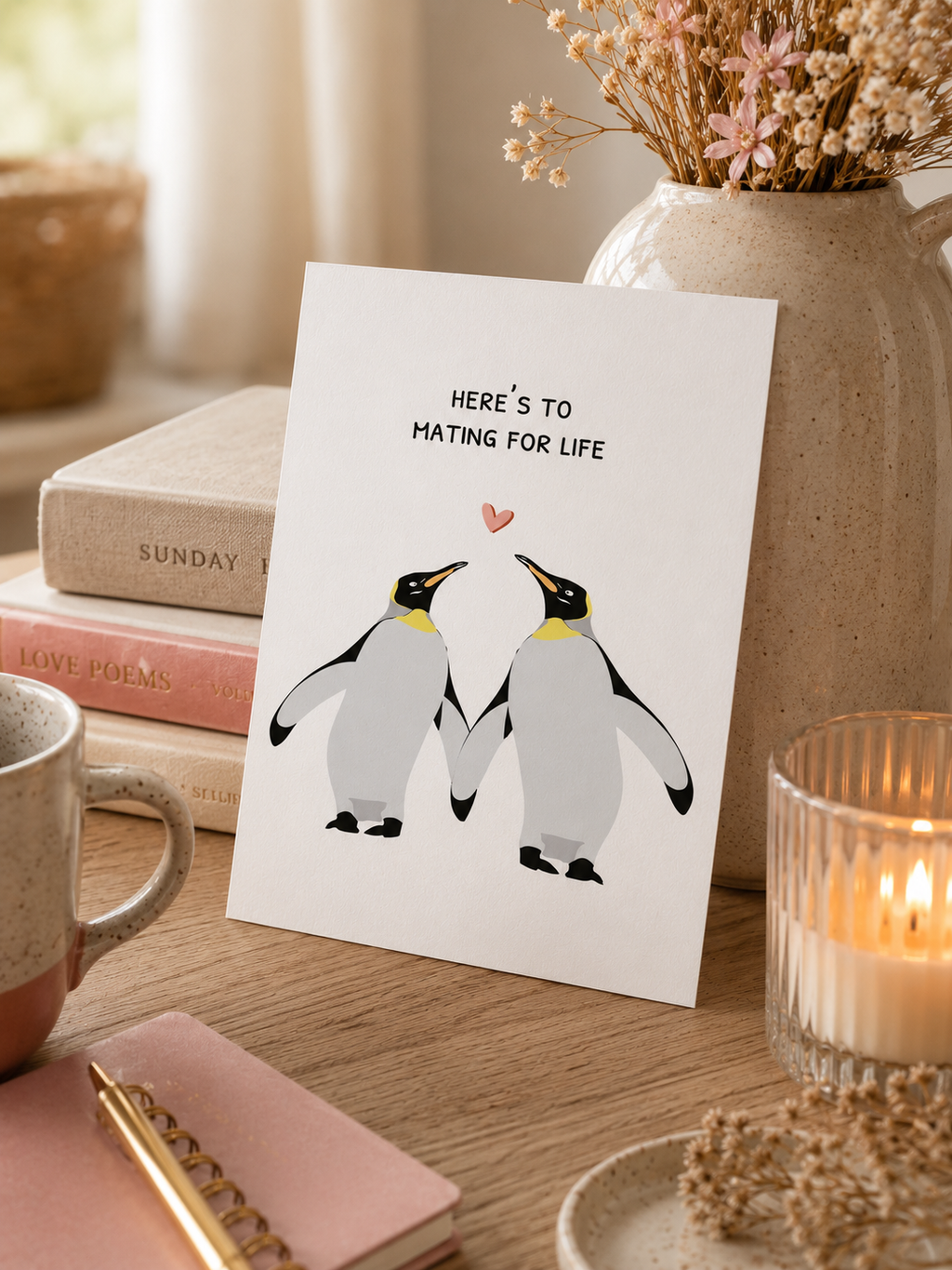 Card with penguin illustration and text on a table with books and a candle.