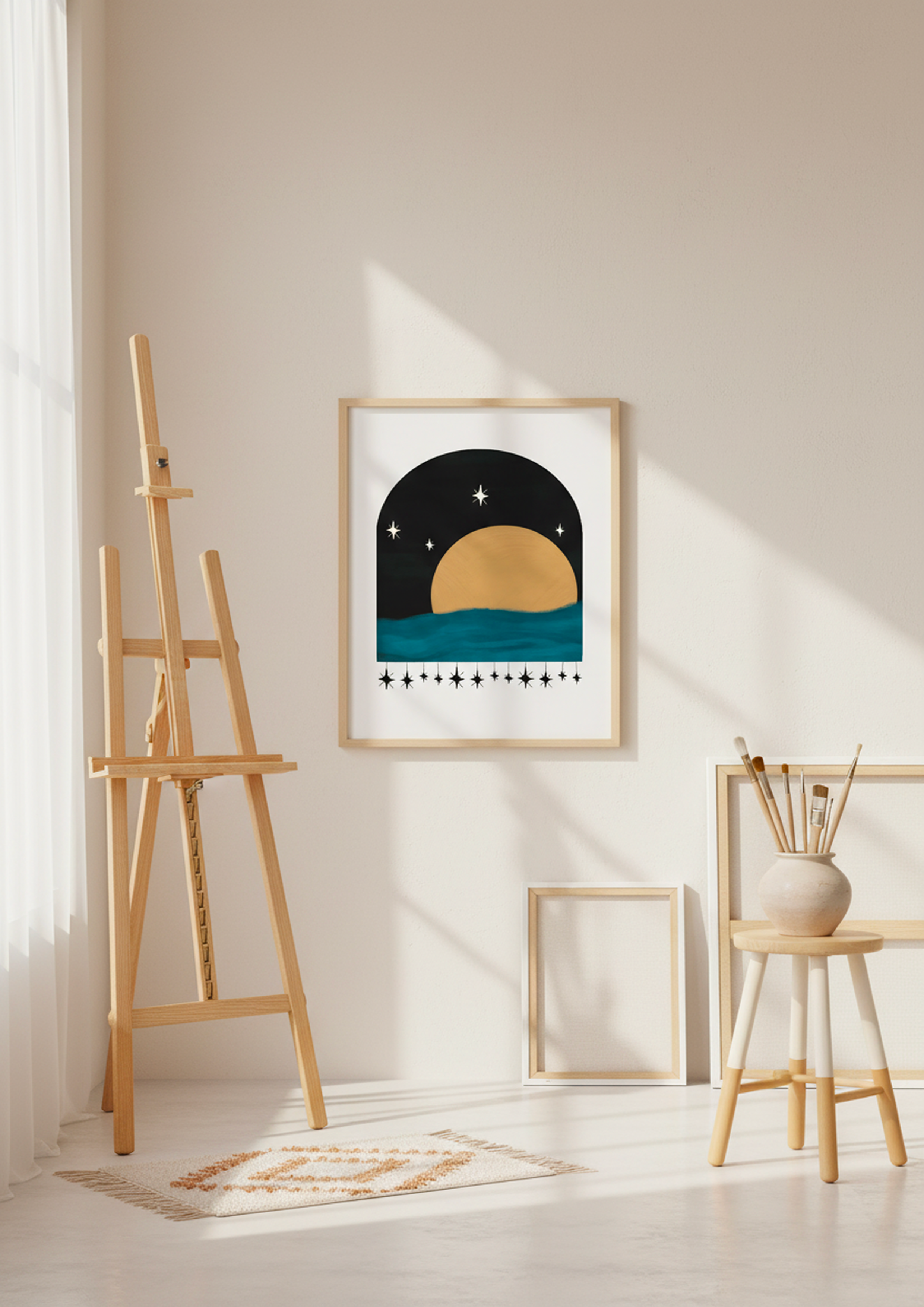Celestial night sky art print with moon, stars, and teal tones in an arch design