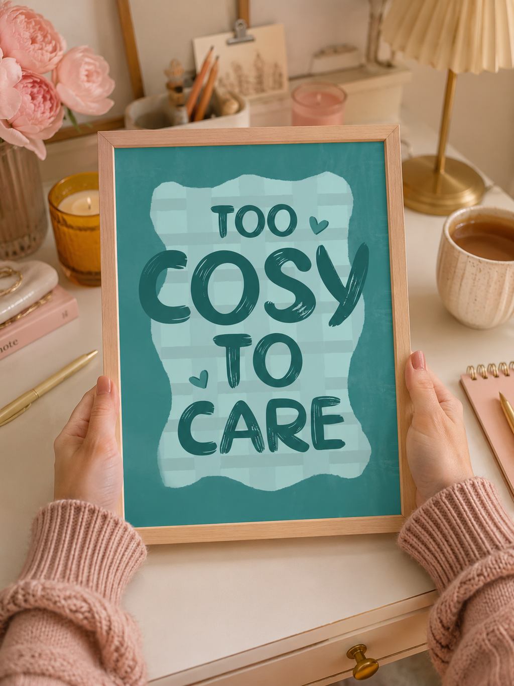 Person holding a sign with 'Too Cosy To Care' text in a cozy indoor setting.