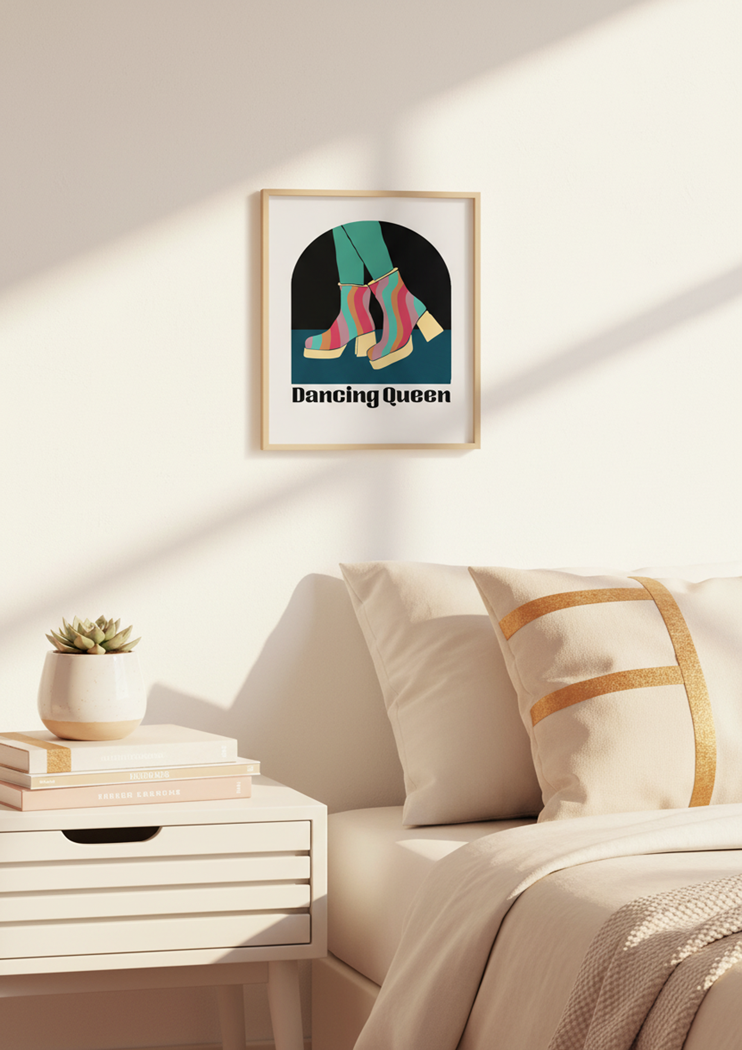 Graphic dancing queen art print with colourful striped boots in an arch design
