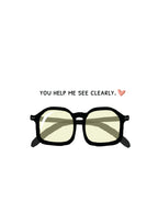 Cartoon glasses with green lenses on a white background, accompanied by text 'You help me see clearly.' with a heart symbol.